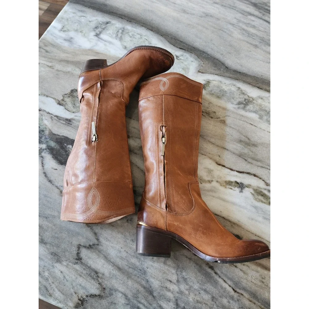 Donald Pliner Tall Leather Riding Boots‎ Western Cognac Brown Block Women's 6.5